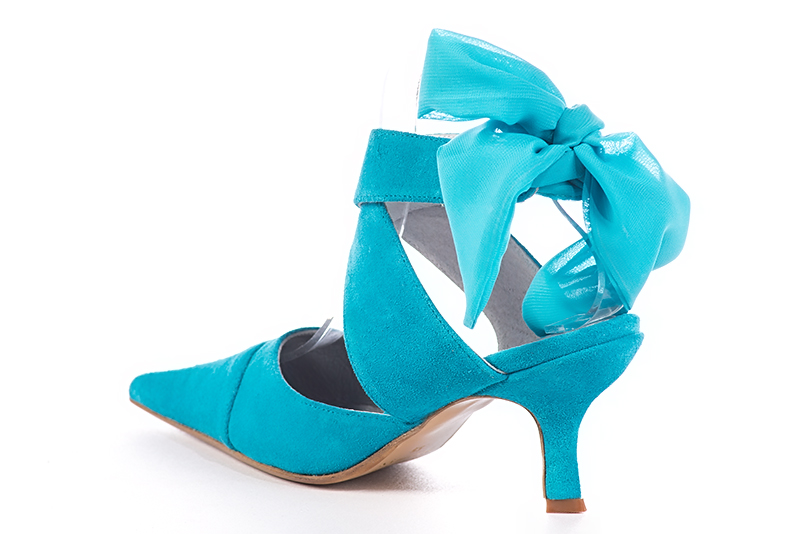 Chaussure femme à brides : Chaussure arrière ouvert avec des brides croisées couleur bleu turquoise. Bout pointu. Talon haut bobine. Vue arrière - Florence KOOIJMAN