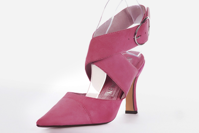 Chaussure femme à brides : Chaussure arrière ouvert avec des brides croisées couleur rose pivoine. Bout pointu. Talon très haut bobine Vue avant - Florence KOOIJMAN