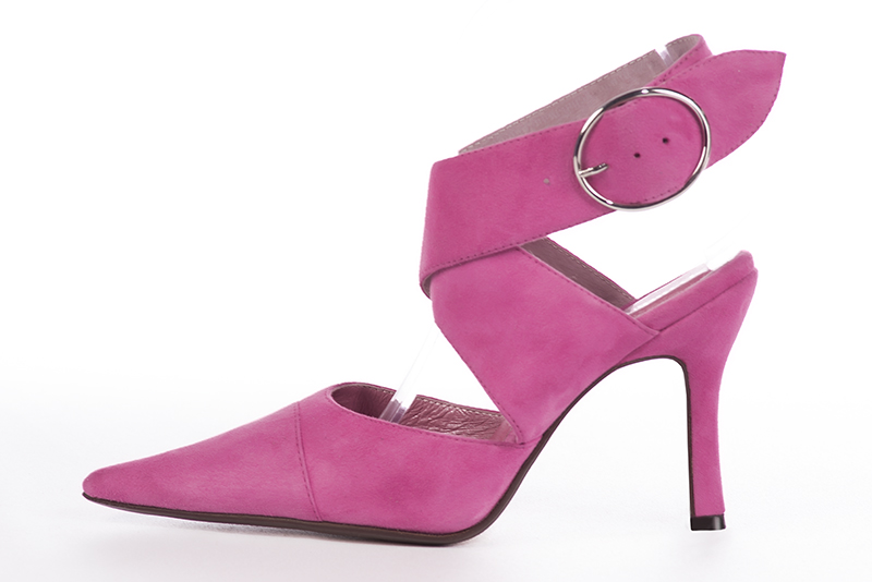 Chaussure femme à brides : Chaussure arrière ouvert avec des brides croisées couleur rose pivoine. Bout pointu. Talon très haut bobine. Vue de profil - Florence KOOIJMAN