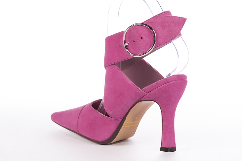 Chaussure femme à brides : Chaussure arrière ouvert avec des brides croisées couleur rose pivoine. Bout pointu. Talon très haut bobine. Vue arrière - Florence KOOIJMAN