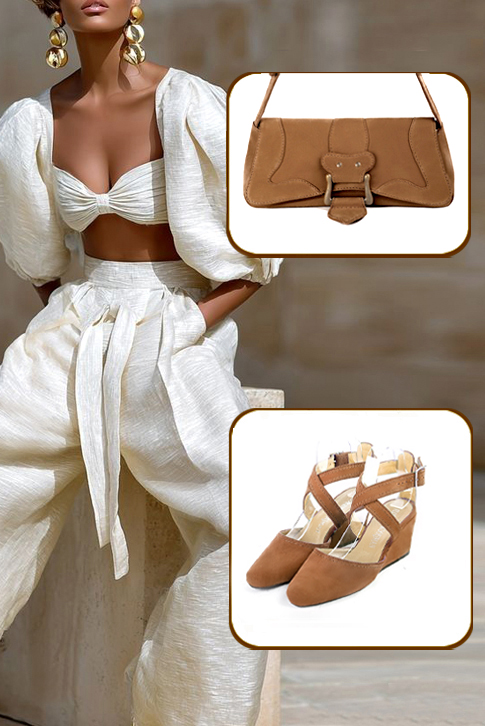 Escarpins habillés brides croisées arrière ouvert cuir beige camel à talon compensé de 6 cm et bout rond - Vue porté