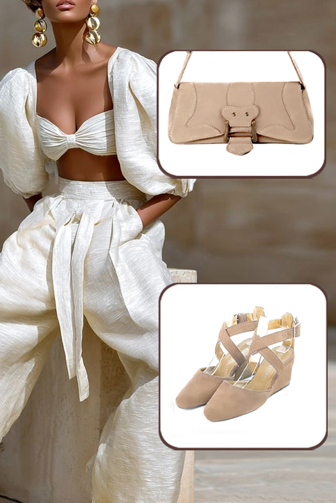 Escarpins habillés brides croisées arrière ouvert cuir beige sahara à talon compensé de 6 cm et bout rond - Vue porté