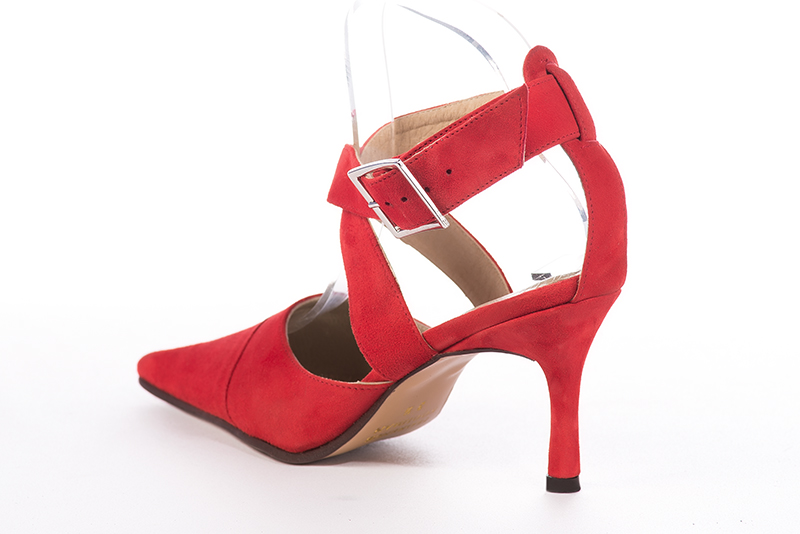 Chaussure femme à brides : Chaussure arrière ouvert avec des brides croisées couleur rouge coquelicot. Bout pointu. Talon haut fin. Vue arrière - Florence KOOIJMAN