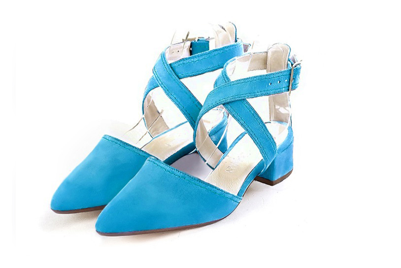 Escarpins habillés brides croisées arrière ouvert cuir bleu turquoise à talon évasé de 3.5 cm et bout effilé - Vue avant