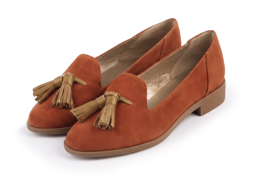 Mocassins à pompons pour femme en cuir terracotta et camel avec bout rond et semelle crantée en gomme - Vue avant