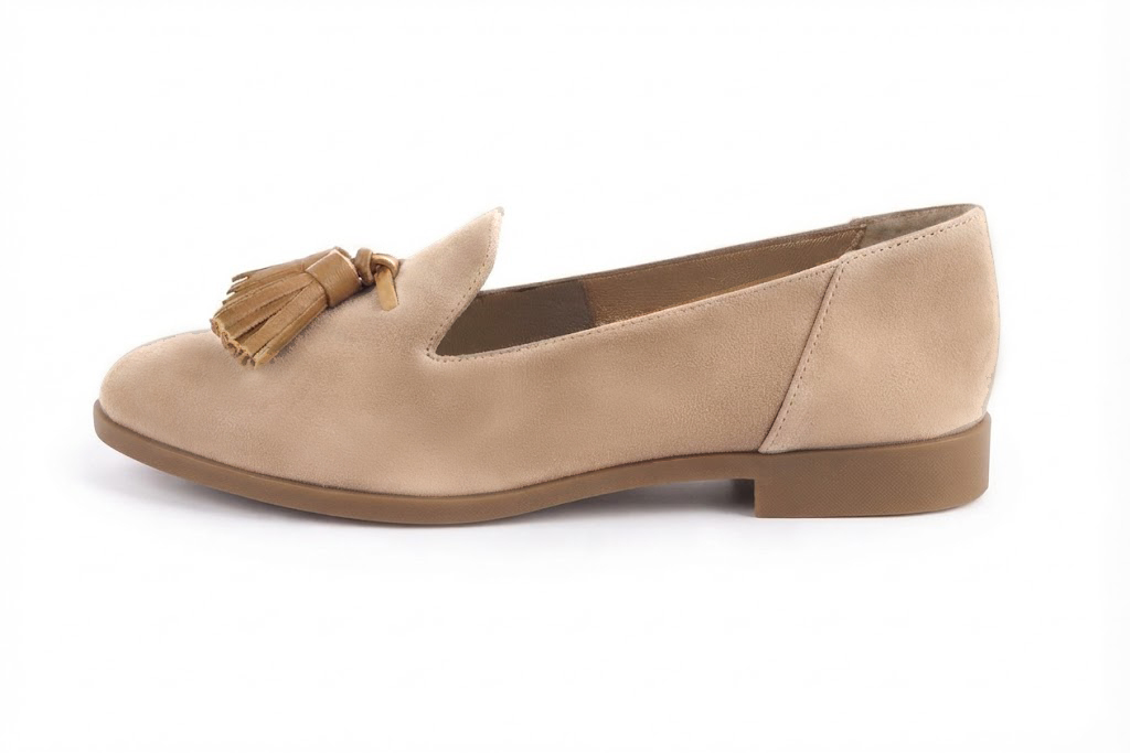 Mocassins à pompons pour femme en cuir nude et camel avec bout rond et semelle crantée en gomme - Vue de profil