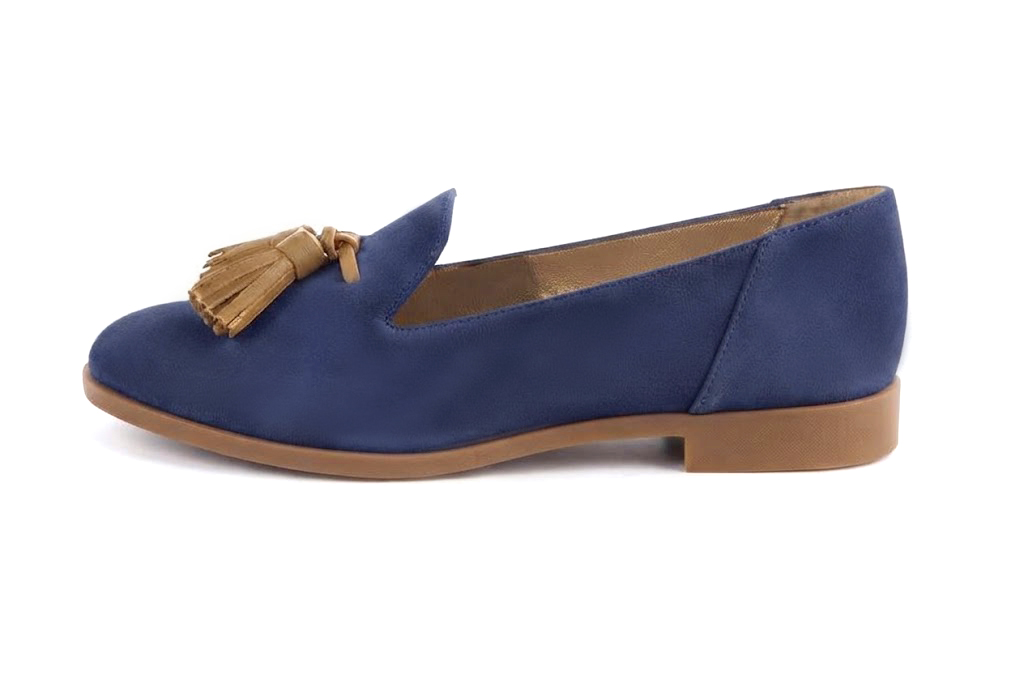 Mocassins à pompons pour femme en cuir bleu indigo et camel avec bout rond et semelle crantée en gomme - Vue de profil