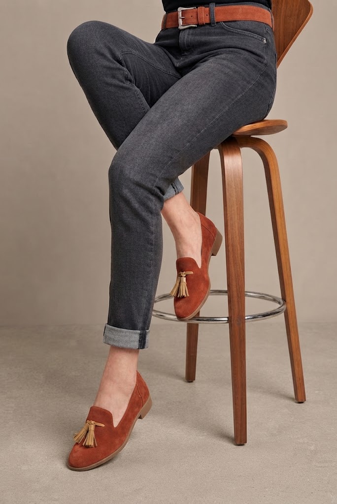 Mocassins à pompons pour femme en cuir terracotta et camel avec bout rond et semelle crantée en gomme - Vue du dessus
