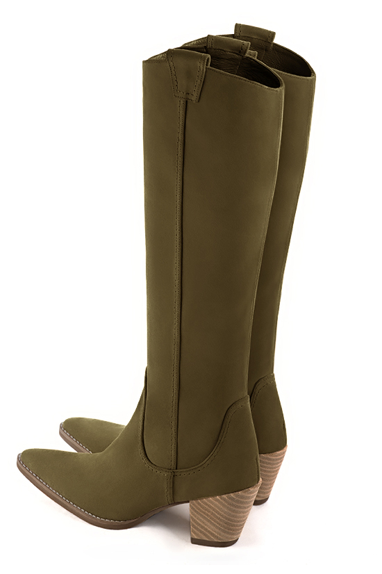 Botte femme : Santiags femme sur mesures couleur vert kaki. Bout effilé. Talon mi-haut conique. Vue arrière - Florence KOOIJMAN