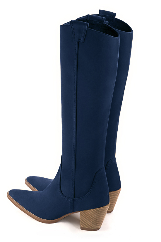 Botte femme : Santiags femme sur mesures couleur bleu marine. Bout effilé. Talon mi-haut conique. Vue arrière - Florence KOOIJMAN