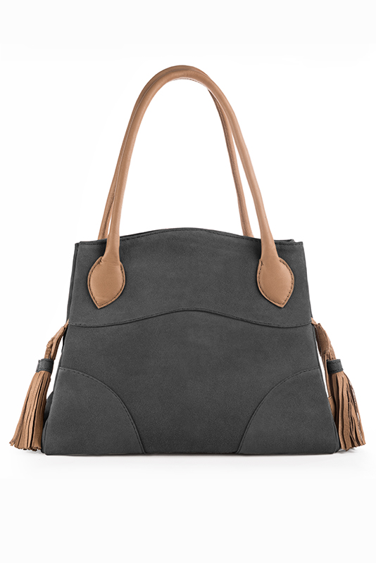 Luxueux grand sac à main, élégant et raffiné, coloris gris acier et beige camel. Personnalisation : Choix des cuirs et des couleurs. - Florence KOOIJMAN