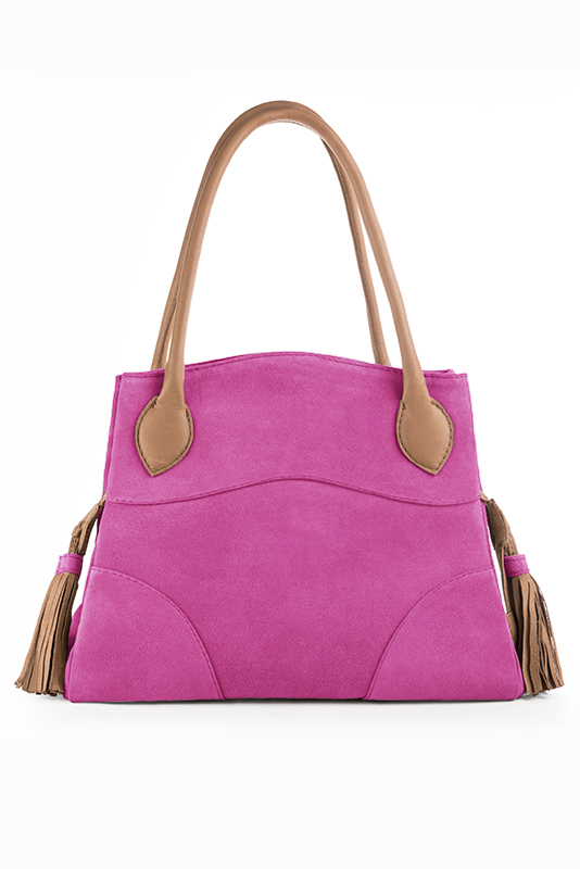 Sac à main rose pivoine et beige camel haut de gamme. Personnalisation. Vue porté - Florence KOOIJMAN