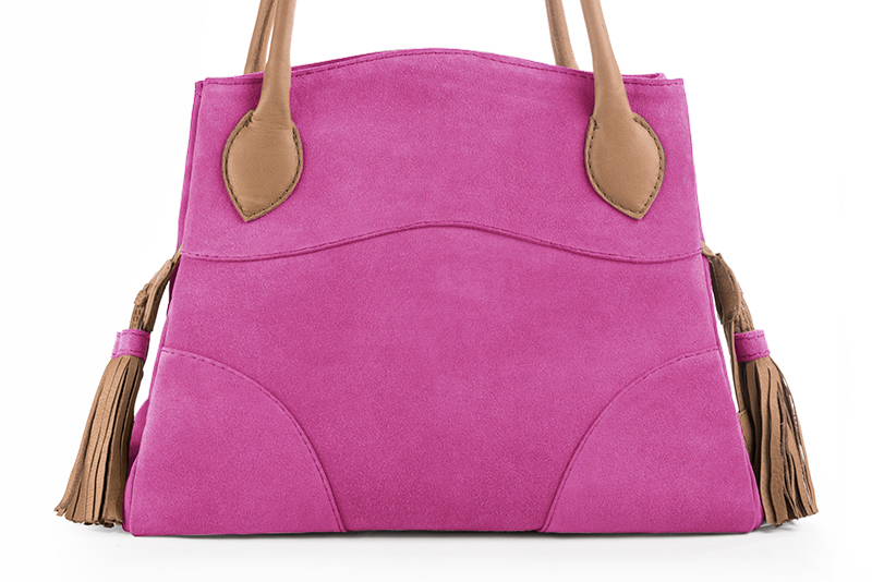 Sac à main rose pivoine et beige camel haut de gamme. Personnalisation. Vue de profil - Florence KOOIJMAN