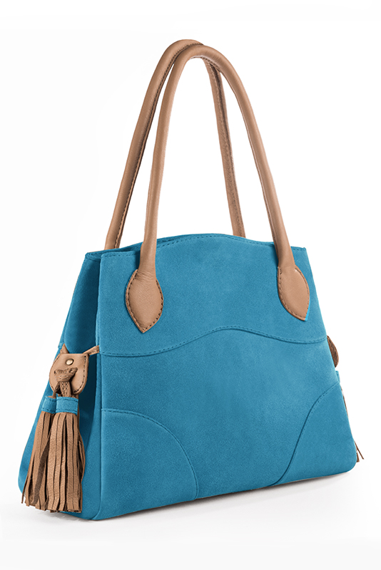 Luxueux grand sac à main, élégant et raffiné, coloris bleu turquoise et beige camel. Personnalisation : Choix des cuirs et des couleurs. - Florence KOOIJMAN