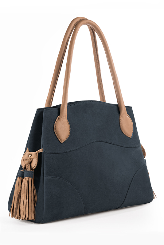 Luxueux grand sac à main, élégant et raffiné, coloris bleu marine et beige camel. Personnalisation : Choix des cuirs et des couleurs. - Florence KOOIJMAN