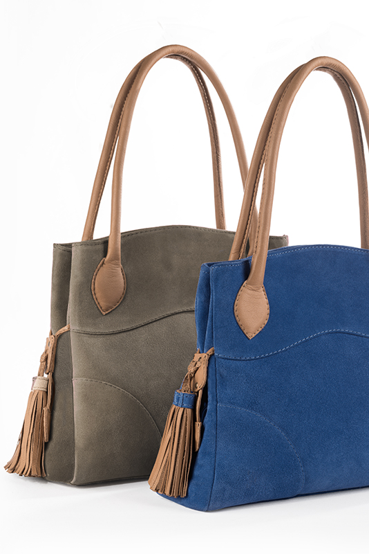 Luxueux grand sac à main, élégant et raffiné, coloris bleu électrique et beige camel. Personnalisation : Choix des cuirs et des couleurs. - Florence KOOIJMAN