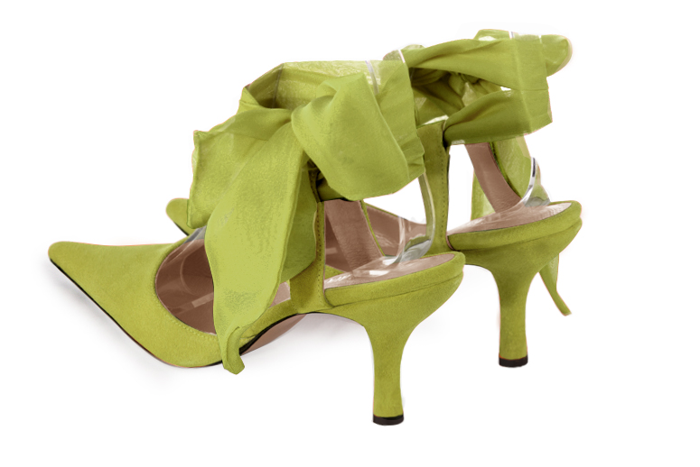 Chaussure femme à brides : Chaussure arrière ouvert avec un foulard autour de la cheville couleur vert pistache. Bout pointu. Talon haut fin. Vue arrière - Florence KOOIJMAN