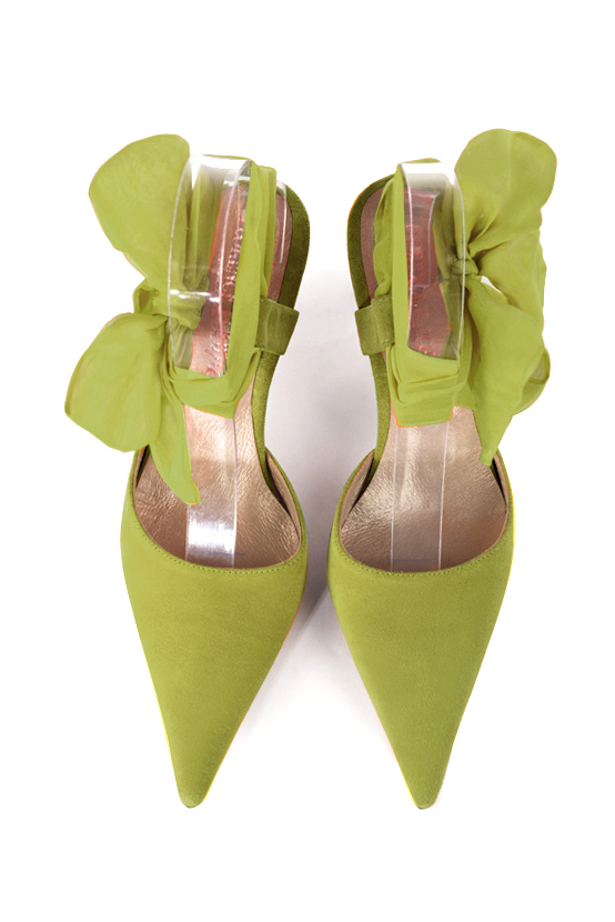 Chaussure femme à brides : Chaussure arrière ouvert avec un foulard autour de la cheville couleur vert pistache. Bout pointu. Talon haut fin. Vue du dessus - Florence KOOIJMAN