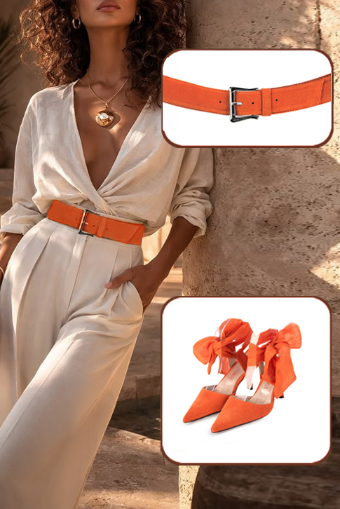 Escarpins habillés foulard cheville arrière ouvert en cuir orange clémentine et orange abricot à talon fin de 7.5 cm et bout pointu - Vue du dessus