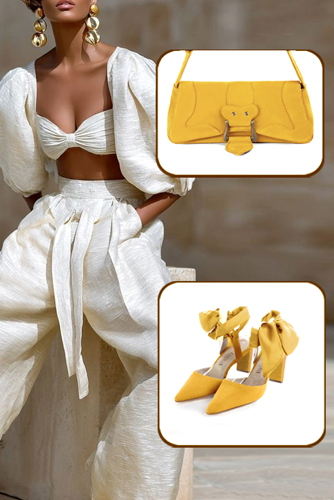 Escarpins habillés foulard cheville arrière ouvert cuir jaune à talon bobine de 6 cm et bout effilé - Vue du dessus