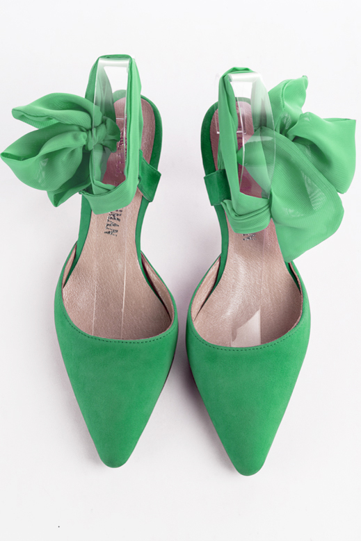 Chaussure femme à brides : Chaussure arrière ouvert avec un foulard autour de la cheville couleur vert émeraude. Bout effilé. Talon mi-haut bobine. Vue du dessus - Florence KOOIJMAN