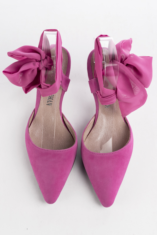 Chaussure femme à brides : Chaussure arrière ouvert avec un foulard autour de la cheville couleur rose fuchsia. Bout effilé. Talon mi-haut bobine. Vue du dessus - Florence KOOIJMAN
