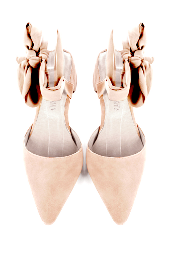 Chaussure femme à brides : Chaussure arrière ouvert avec un foulard autour de la cheville couleur rose poudré. Bout effilé. Petit talon évasé. Vue du dessus - Florence KOOIJMAN
