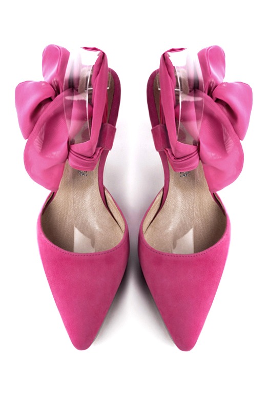 Chaussure femme à brides : Chaussure arrière ouvert avec un foulard autour de la cheville couleur rose fuchsia. Bout effilé. Talon mi-haut bobine. Vue du dessus - Florence KOOIJMAN