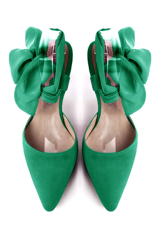 Chaussure femme à brides : Chaussure arrière ouvert avec un foulard autour de la cheville couleur vert émeraude. Bout effilé. Talon mi-haut bobine. Vue du dessus - Florence KOOIJMAN