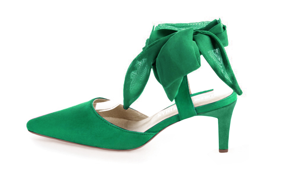 Chaussures foulard cheville femme vert émeraude. Bout effilé. Talon bobine de 6 cm - Vue de profil