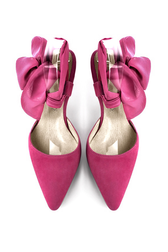 Chaussure femme à brides : Chaussure arrière ouvert avec un foulard autour de la cheville couleur rose fuchsia. Bout effilé. Talon mi-haut bobine. Vue du dessus - Florence KOOIJMAN