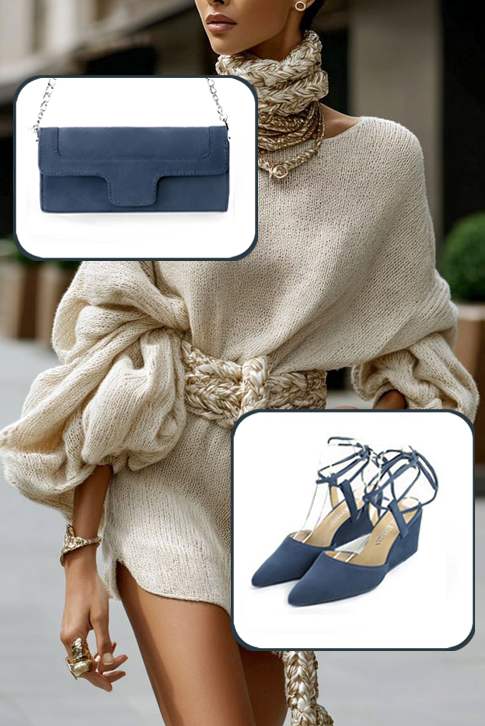 Escarpins habillés brides croisées arrière ouvert cuir bleu denim à talon compensé de 6 cm et bout effilé - Vue du dessus