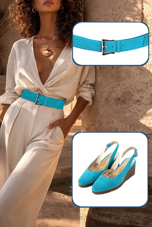 Escarpins habillés bride arrière cuir bleu turquoise à semelle en gomme et bout rond - Vue du dessus