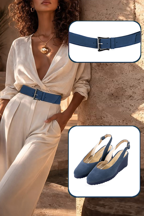 Escarpins habillés bride arrière cuir bleu denim à semelle en gomme et bout rond - Vue porté
