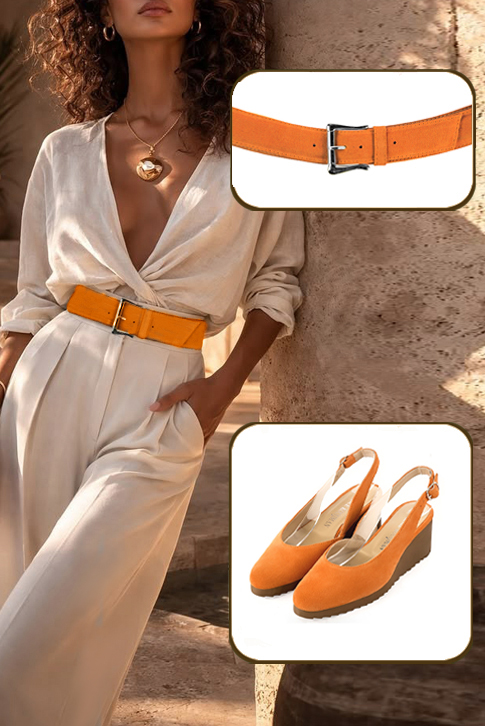 Escarpins habillés bride arrière cuir orange abricot à semelle en gomme et bout rond - Vue porté