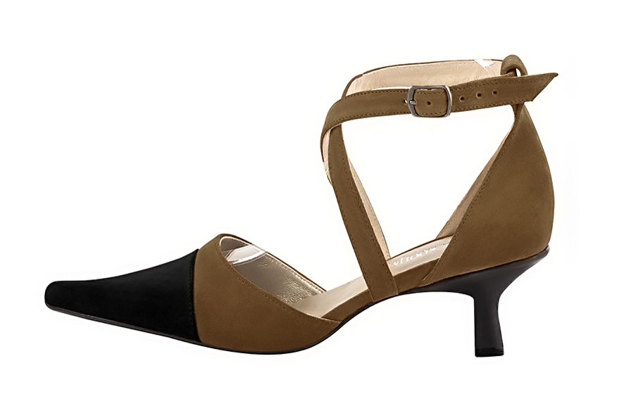 Chaussure femme à brides : Chaussure côtés ouverts brides croisées couleur noir mat et marron chocolat. Bout pointu. Talon mi-haut bobine. Vue de profil - Florence KOOIJMAN