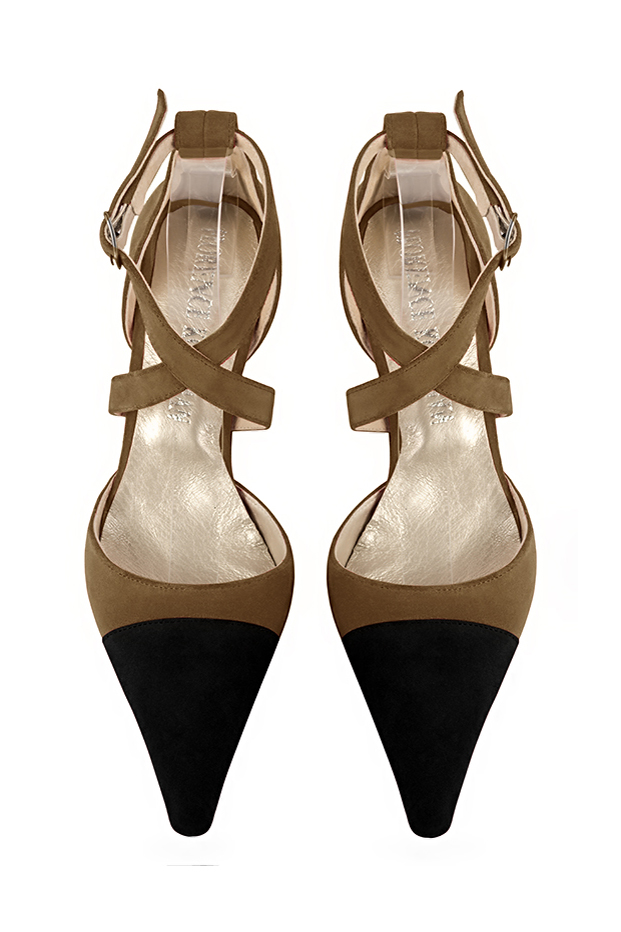 Chaussures habillées, élégantes et raffinées, ouvertes sur les côtés, avec des brides croisées, coloris noir mat et marron chocolat. Bout pointu. Mi-haut à haut. Talon bobine. Cérémonie, soirée, cocktail, évènementiel. Personnalisation : Choix des cuirs, 
                des couleurs et des talons. Petites et grandes pointures. - Florence KOOIJMAN