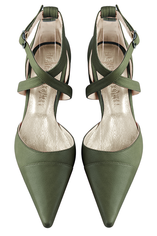 Chaussure femme à brides : Chaussure côtés ouverts brides croisées couleur vert bouteille. Bout pointu. Talon mi-haut bobine. Vue du dessus - Florence KOOIJMAN