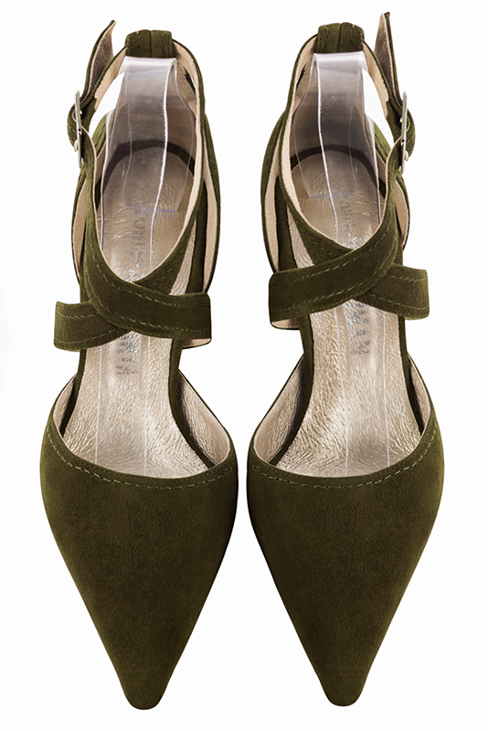 Chaussure femme à brides : Chaussure côtés ouverts brides croisées couleur vert kaki. Bout pointu. Petit talon bottier. Vue du dessus - Florence KOOIJMAN
