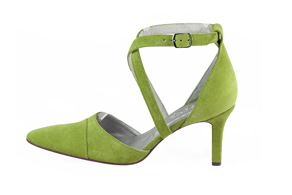 Chaussure femme à brides : Chaussure côtés ouverts brides croisées couleur vert anis. Bout effilé. Talon haut fin. Vue de profil - Florence KOOIJMAN