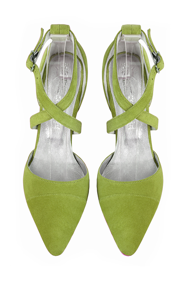 Chaussure femme à brides : Chaussure côtés ouverts brides croisées couleur vert anis. Bout effilé. Talon haut fin. Vue du dessus - Florence KOOIJMAN