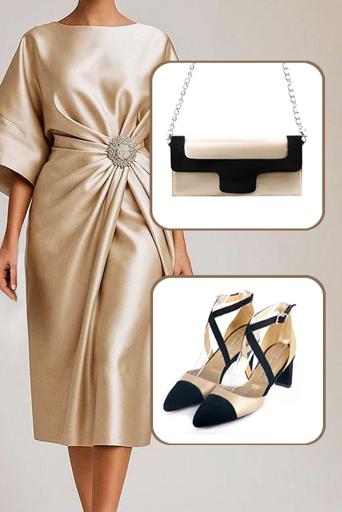 Chaussure femme à brides : Chaussure côtés ouverts brides croisées couleur noir mat et or doré. Bout effilé. Talon mi-haut virgule. Vue porté - Florence KOOIJMAN