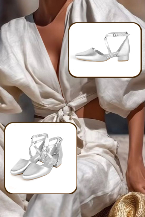 Escarpins habillés brides croisées milieu ouvert cuir argent à talon bottier de 3.5 cm et bout rond - Vue porté
