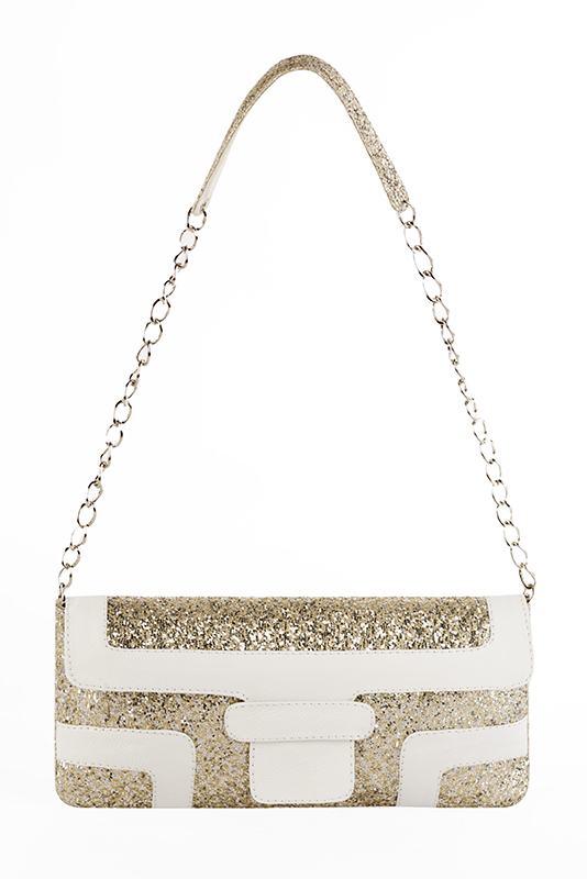 Pochette femme habillée or doré et blanc cassé pour mariage, cérémonies et soirées.
Personnalisation. Vue du dessus - Florence KOOIJMAN
