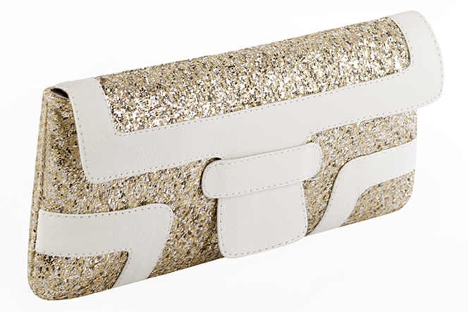 Pochette femme habillée or doré et blanc cassé pour mariage, cérémonies et soirées.
Personnalisation Vue avant - Florence KOOIJMAN