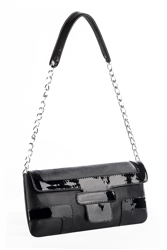 Pochette femme mariage cérémonie en cuir noir satiné et noir brillant - Vue du dessus