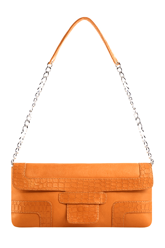 Pochette femme habillée  orange abricot pour mariage, cérémonies et soirées. 
            Personnalisation. Vue du dessus - Florence KOOIJMAN
