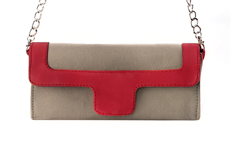 Pochette habillée femme pour cérémonie marron taupe et rouge carmin - Vue de profil