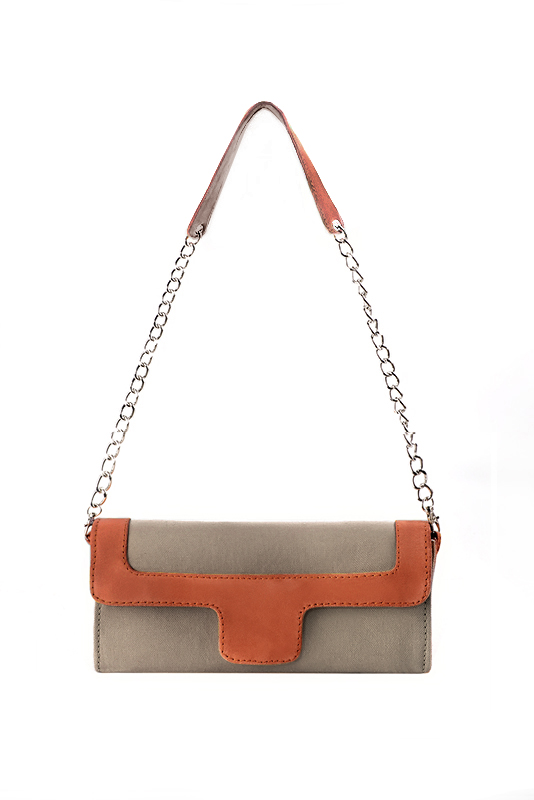 Pochette femme mariage cérémonie marron taupe et orange corail - Vue du dessus