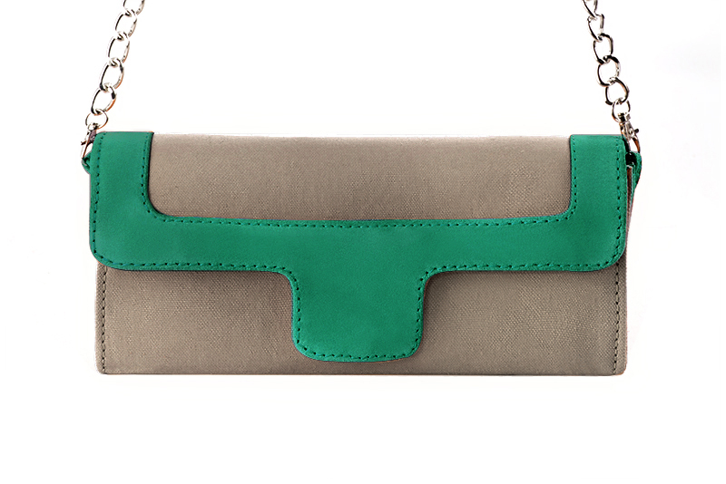 Pochette habillée femme pour cérémonie marron taupe et vert émeraude - Vue de profil